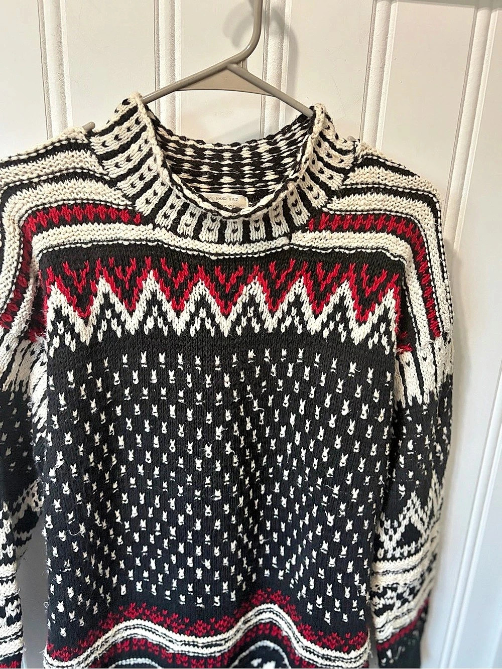 VTG Jones New York Sport Hand Knit Fair Isle Sweater M Ramie Cotton Chunky Mock - Picture 5 of 8